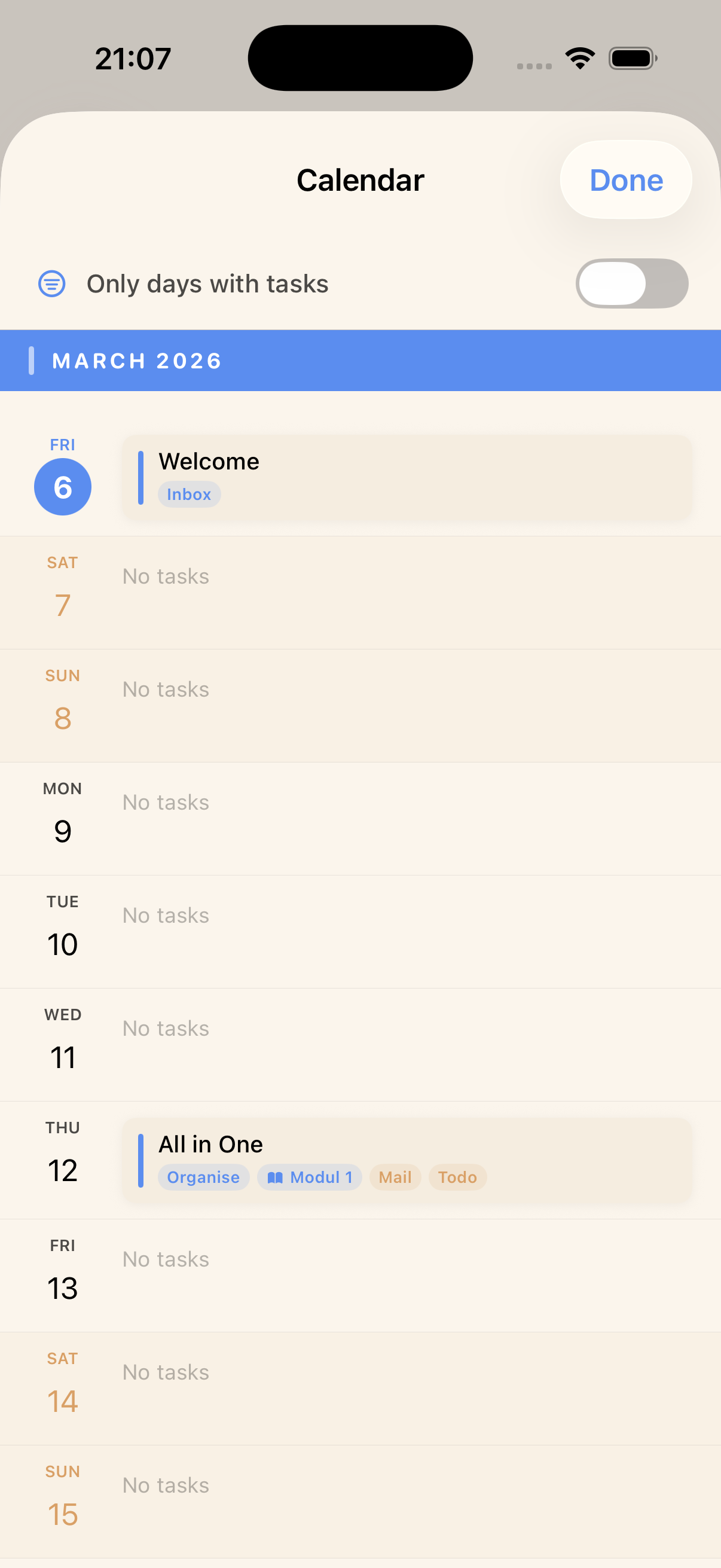 NowOne weekly calendar view with task deadlines