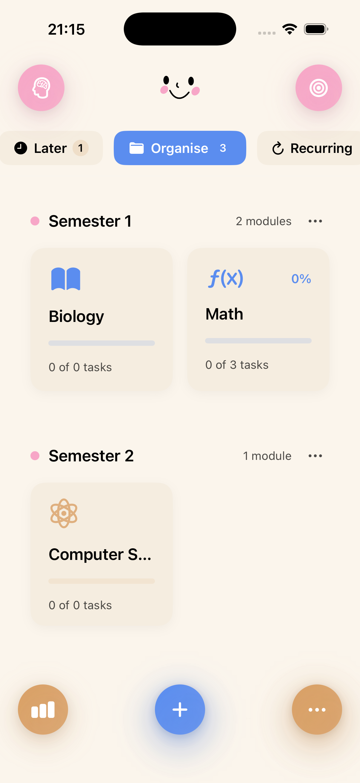 NowOne Organise - Semesters and modules with progress tracking