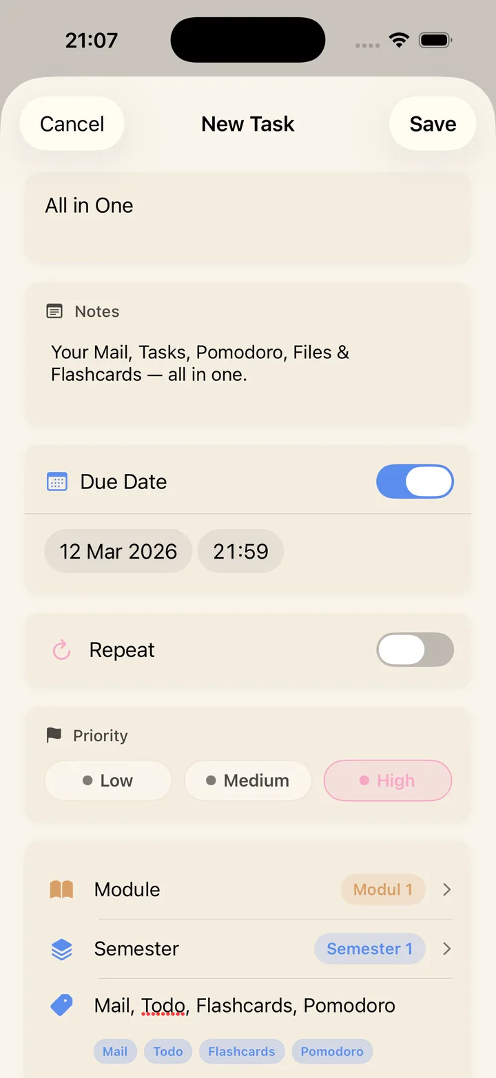 NowOne task creation with priority, module, and repeat options