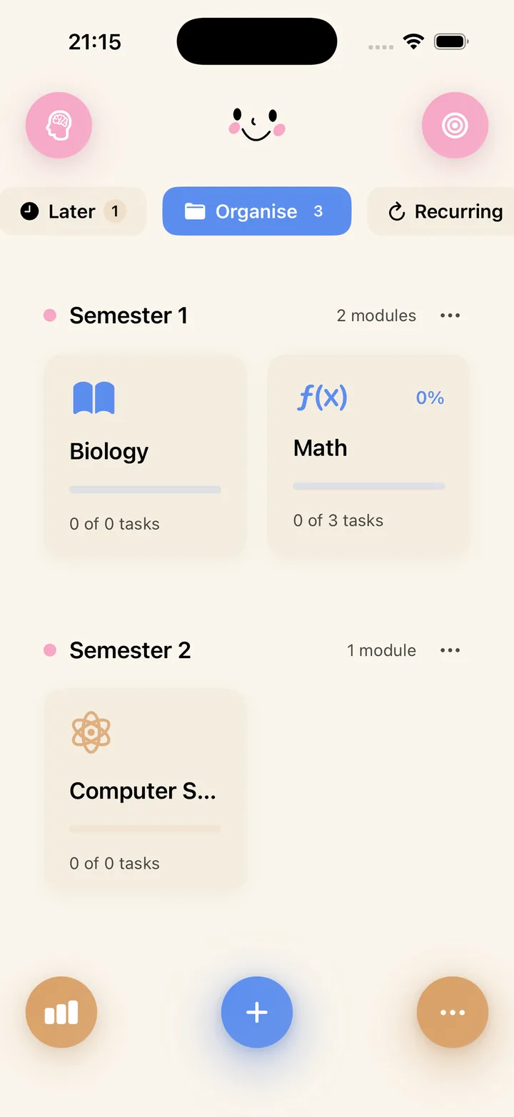 NowOne Organise - Semesters and modules with progress tracking